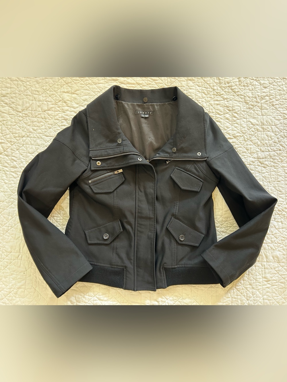 THEORY Black Cotton Nylon NYREE B Moto Bomber Jacket L Large